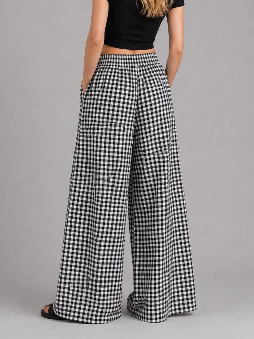 Women's Cotton Gingham Wide Leg Pants High Waist Elastic Plaid Palazzo Trousers - Picture 2 of 5